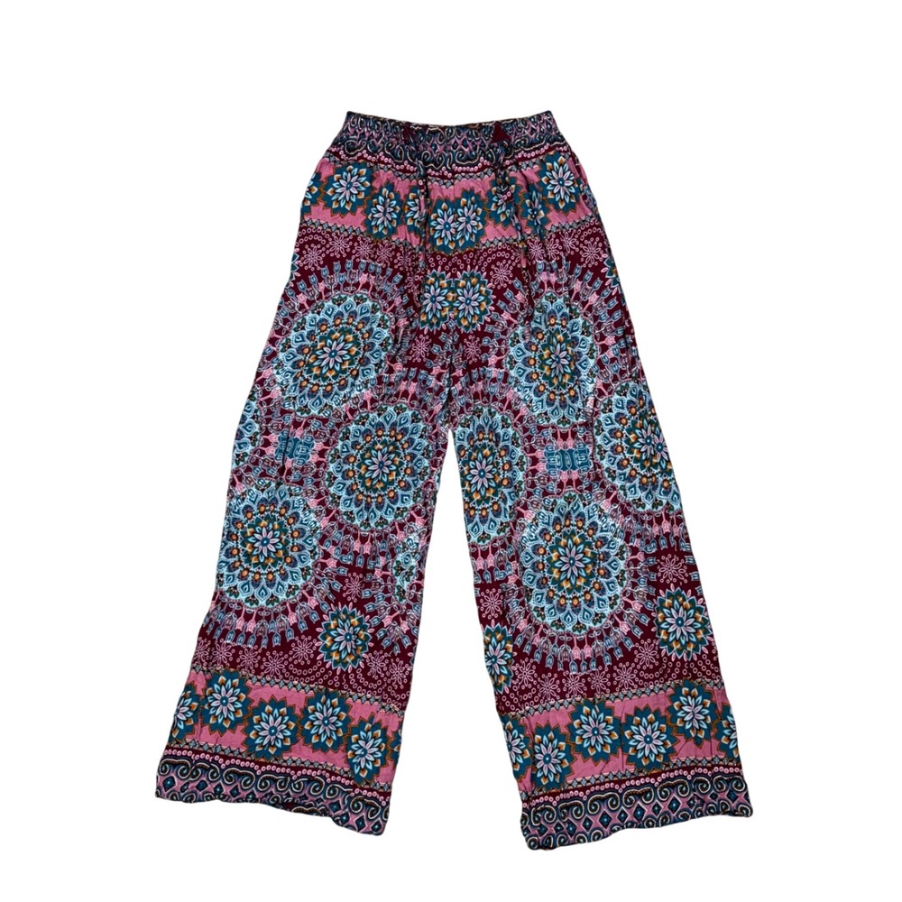 Boho‎ Mandala Print Wide Leg Pants Burgundy Teal Floral Rayon Festival S